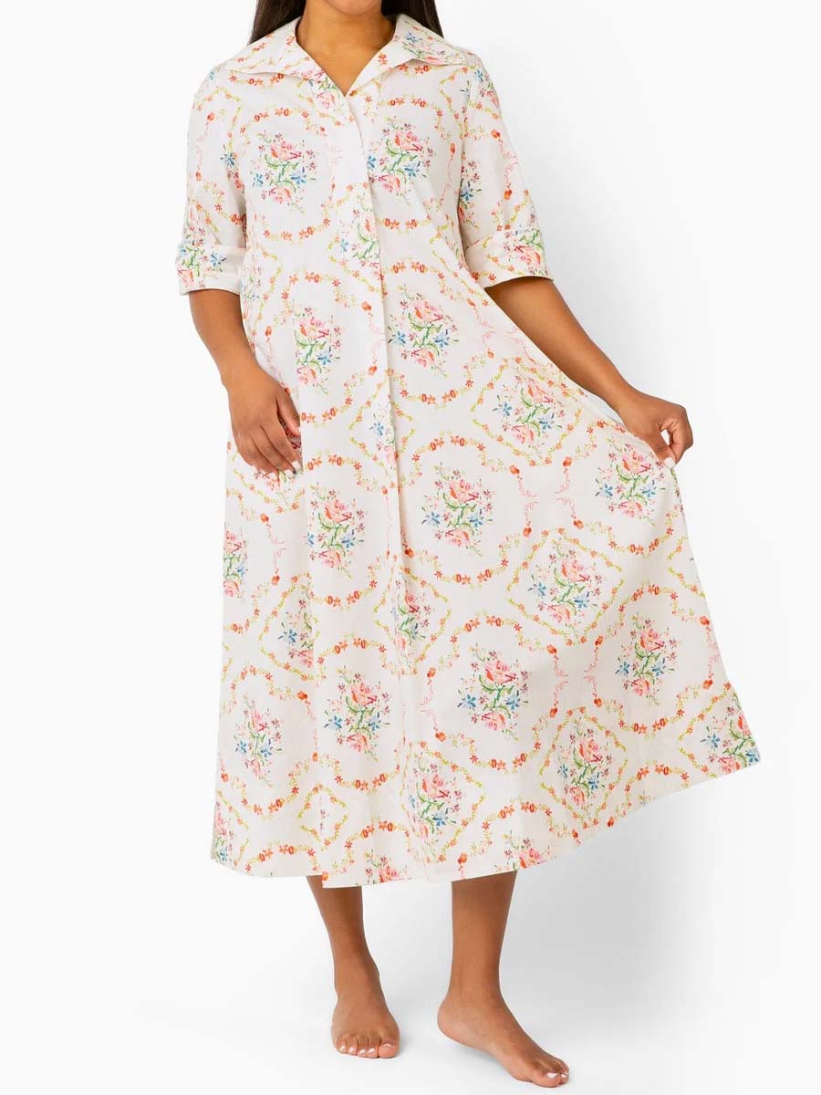 Button-front Placket Printed Dress