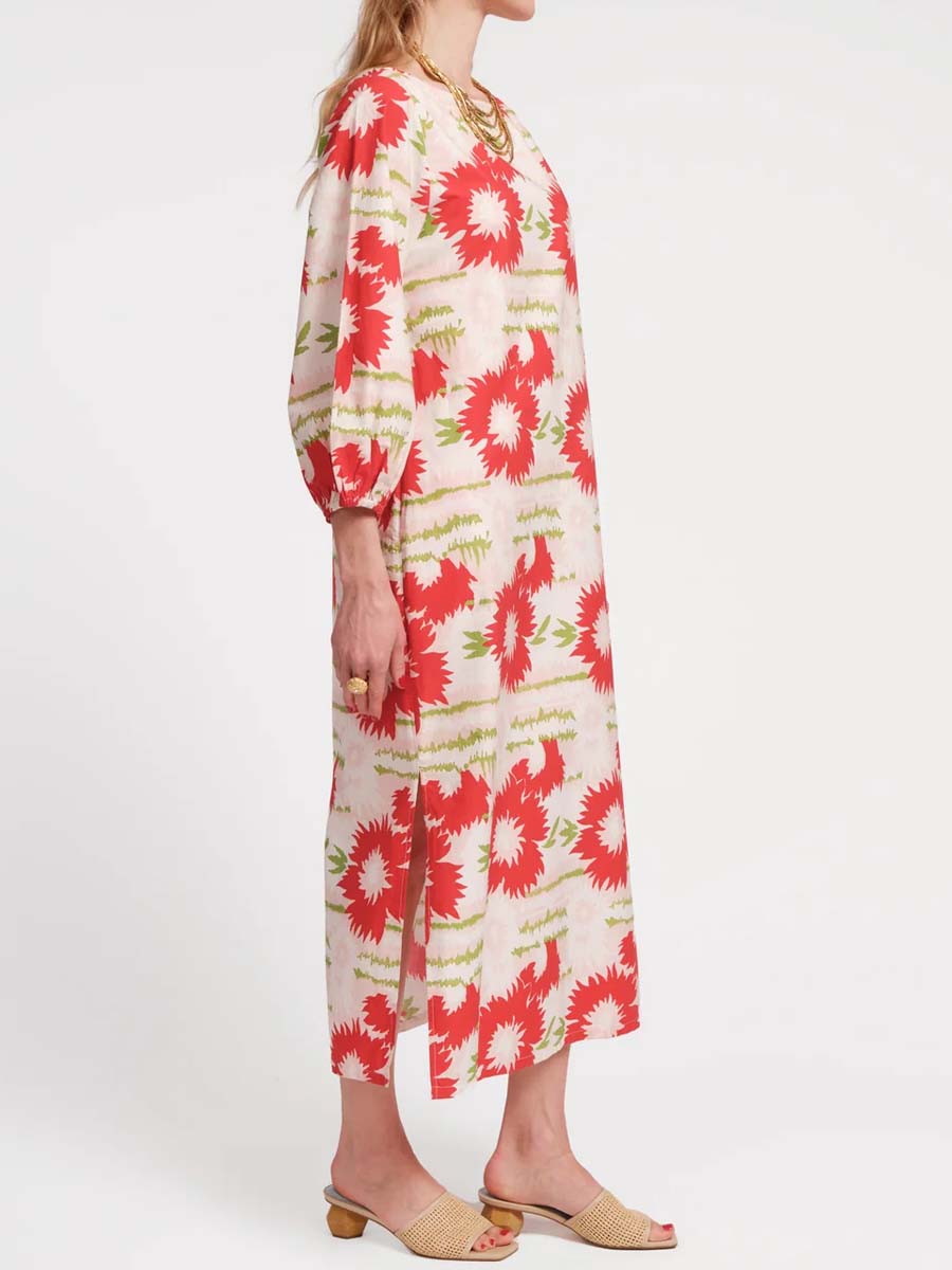 Printed Long Sleeve Slit Hem Dress