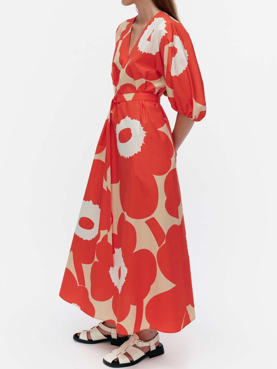 Printed V Neck Puff Sleeve Dress