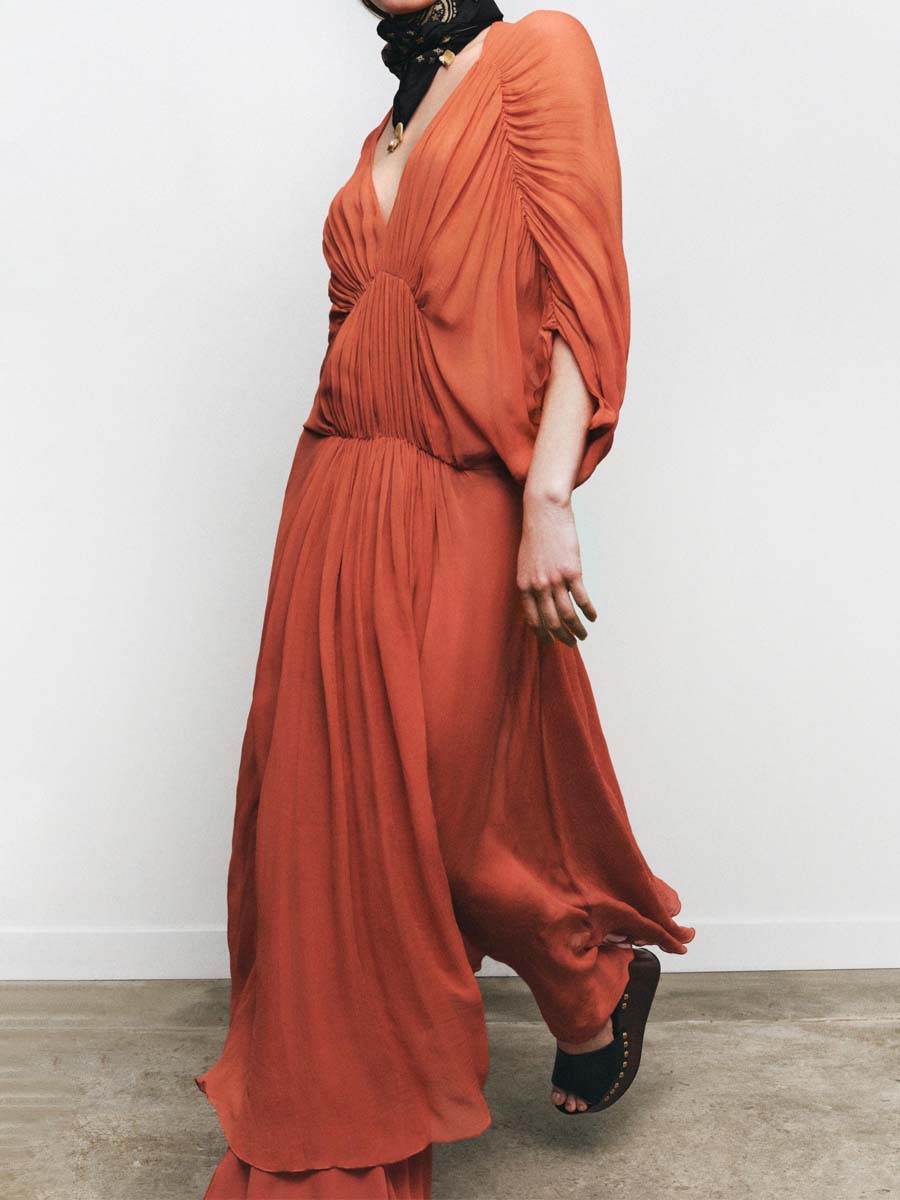 Fashion V-neck Bubble Sleeve Pleated Dress