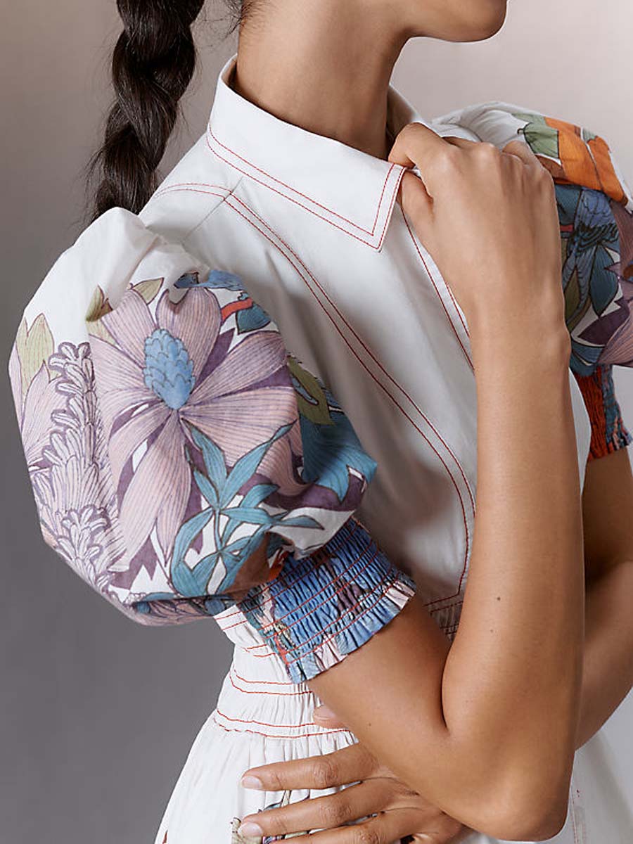 Printed Puff-sleeve Smocked Shirtdress
