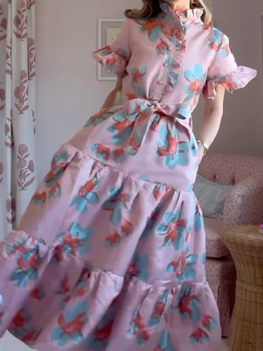 Ruffle Sleeve Jacquard Midi Dress