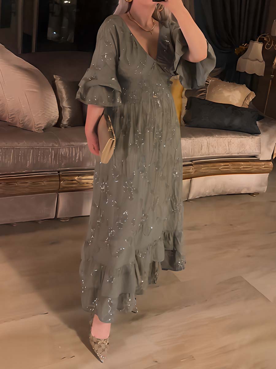 Sequined V-neck Horn Sleeve Ruffled Dress