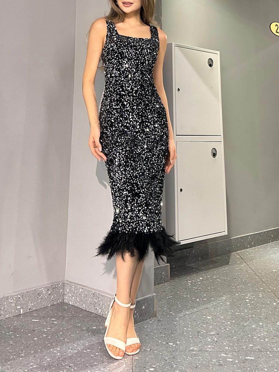 Scoop Neck Feather Stitching Sequin Hip Sexy Dress