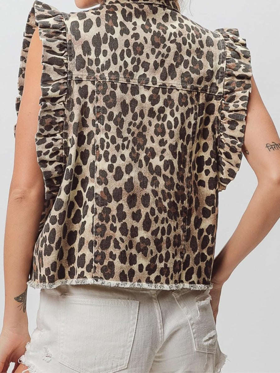 Washed Denim Single-breasted Ruffled Vest