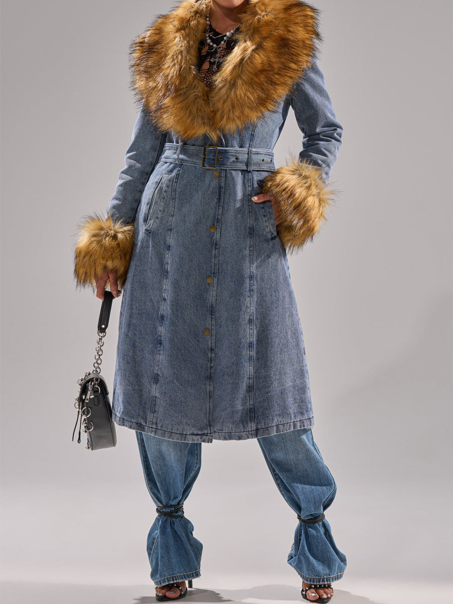 Wide Faux Fur Collar Denim Trench