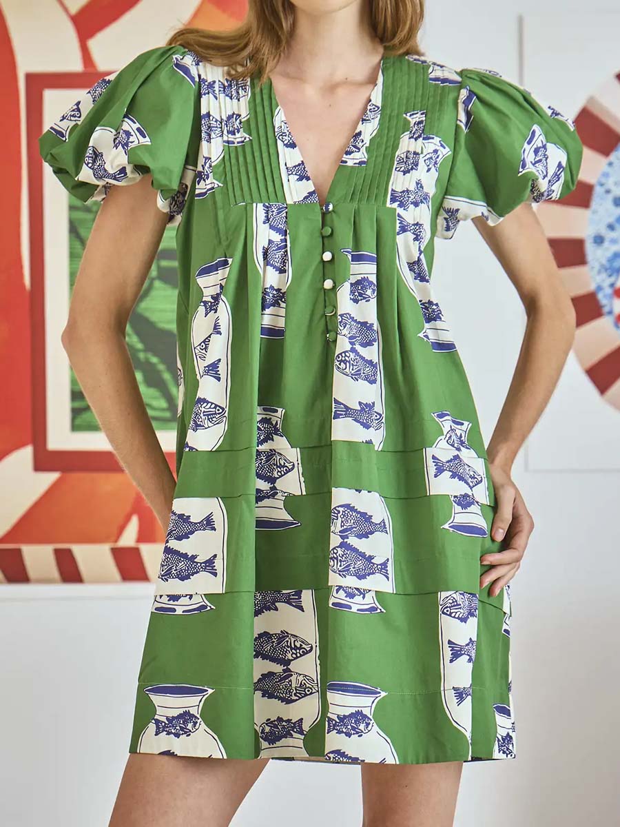 Puff Sleeve Pleated Mini Dress