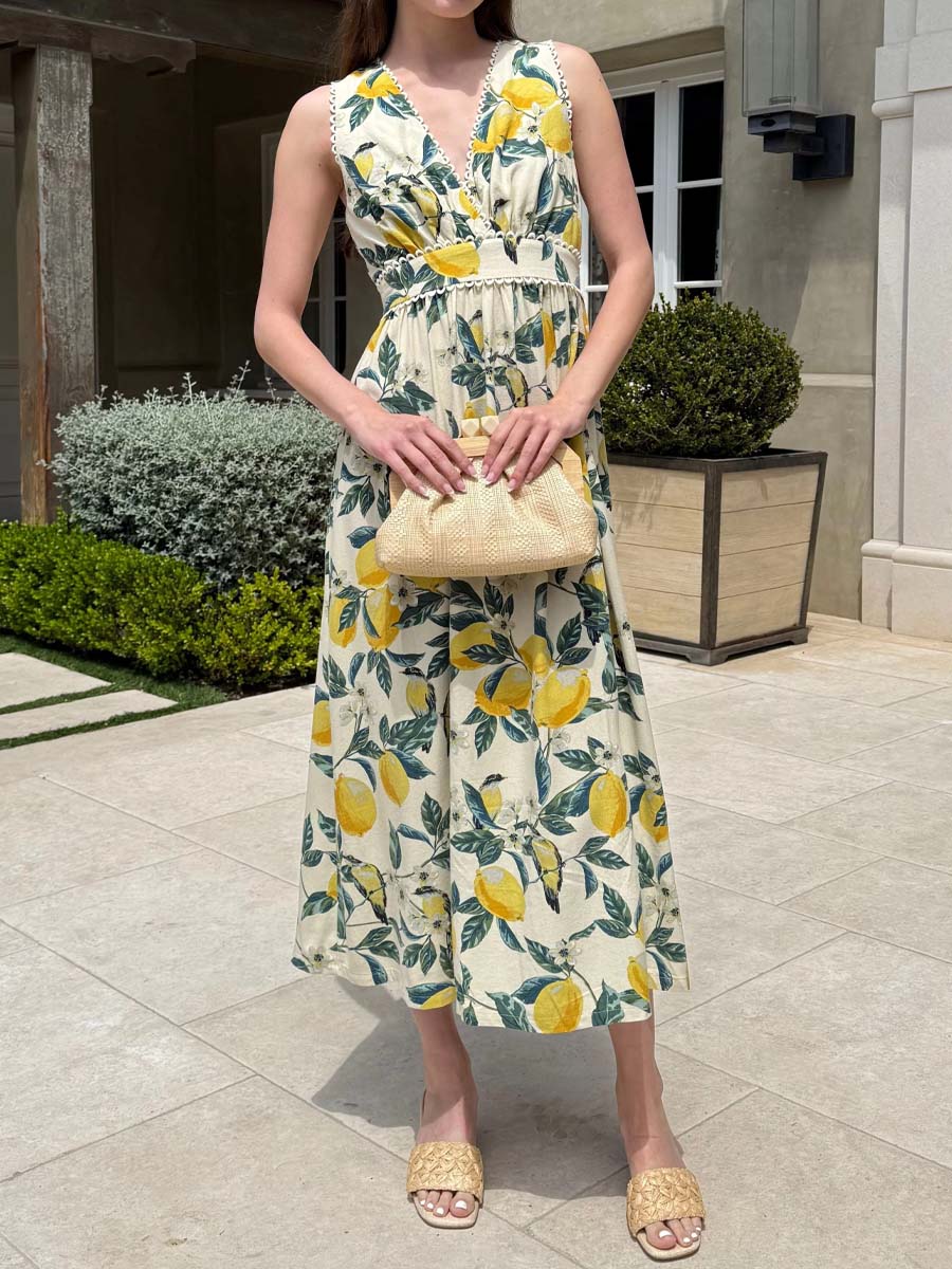 Printed V Neck Sleeveless Elastic Waist Dress