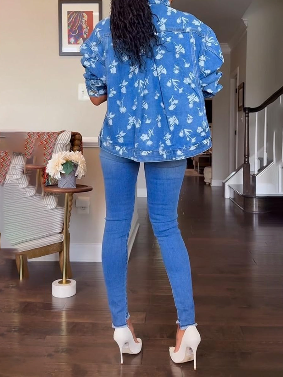 Printed Oversized Button Down Denim Jacket