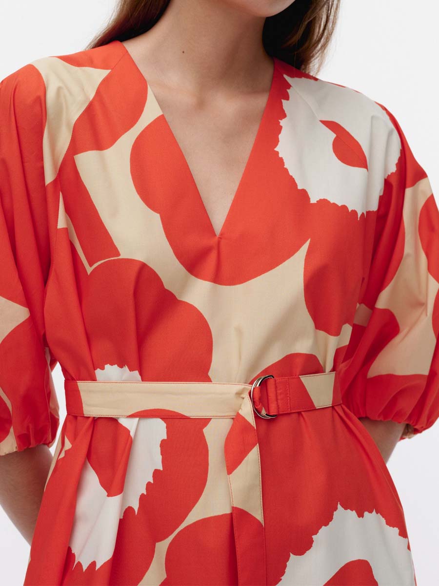 Printed V Neck Puff Sleeve Dress