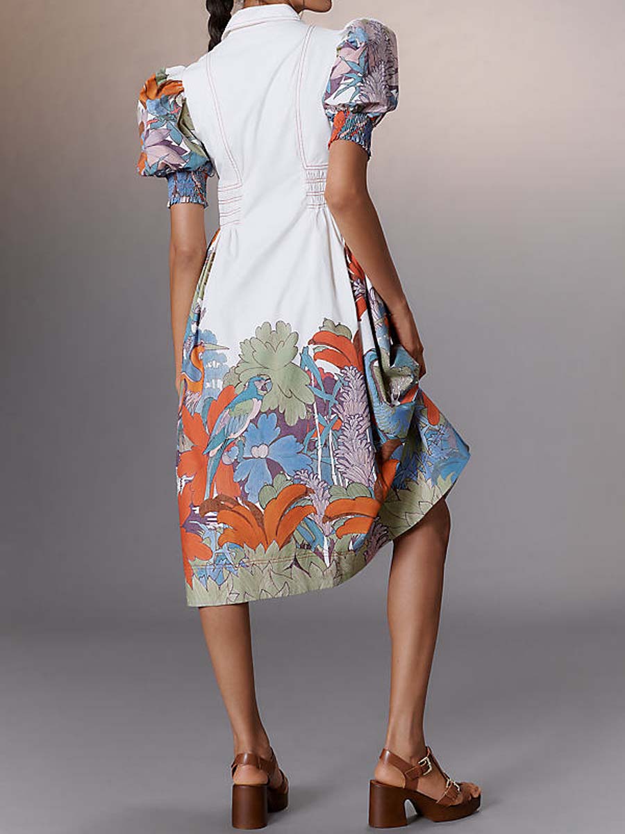 Printed Puff-sleeve Smocked Shirtdress