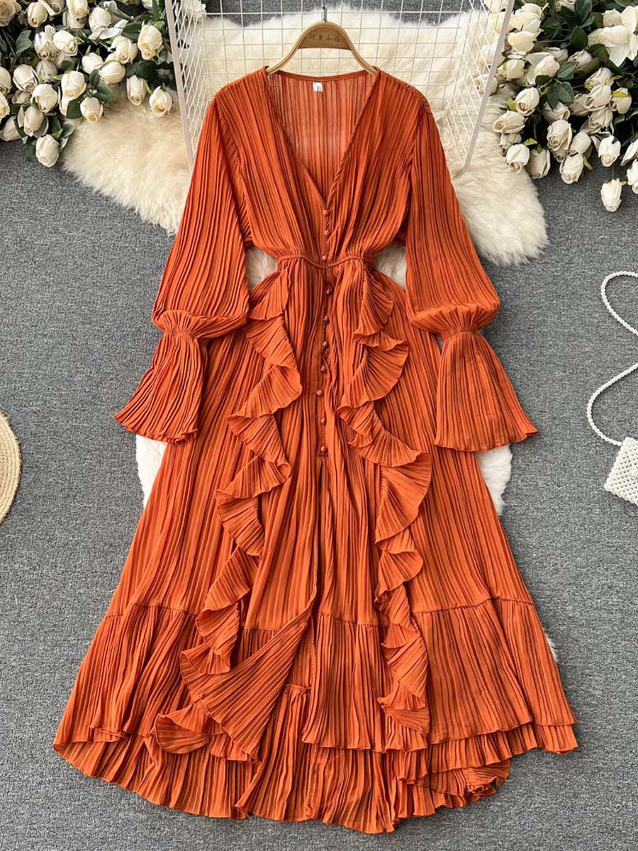 Chiffon Ruffled V-Neck Dress