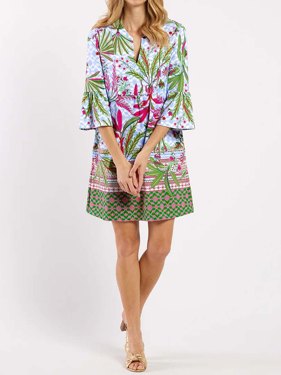 Split Neck Printed Flutter Sleeve Dress
