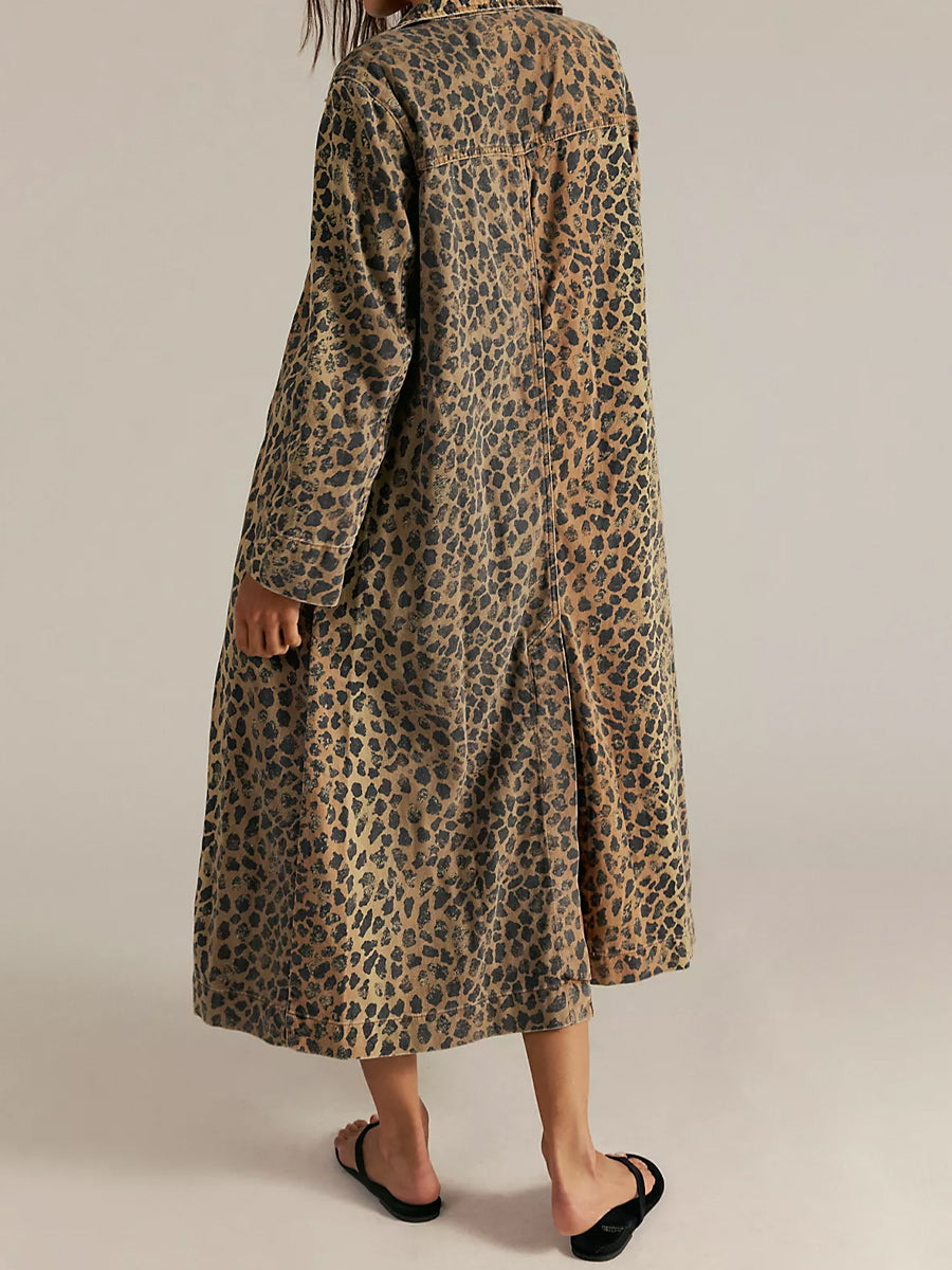Leopard Print Wide Lape Long Coat