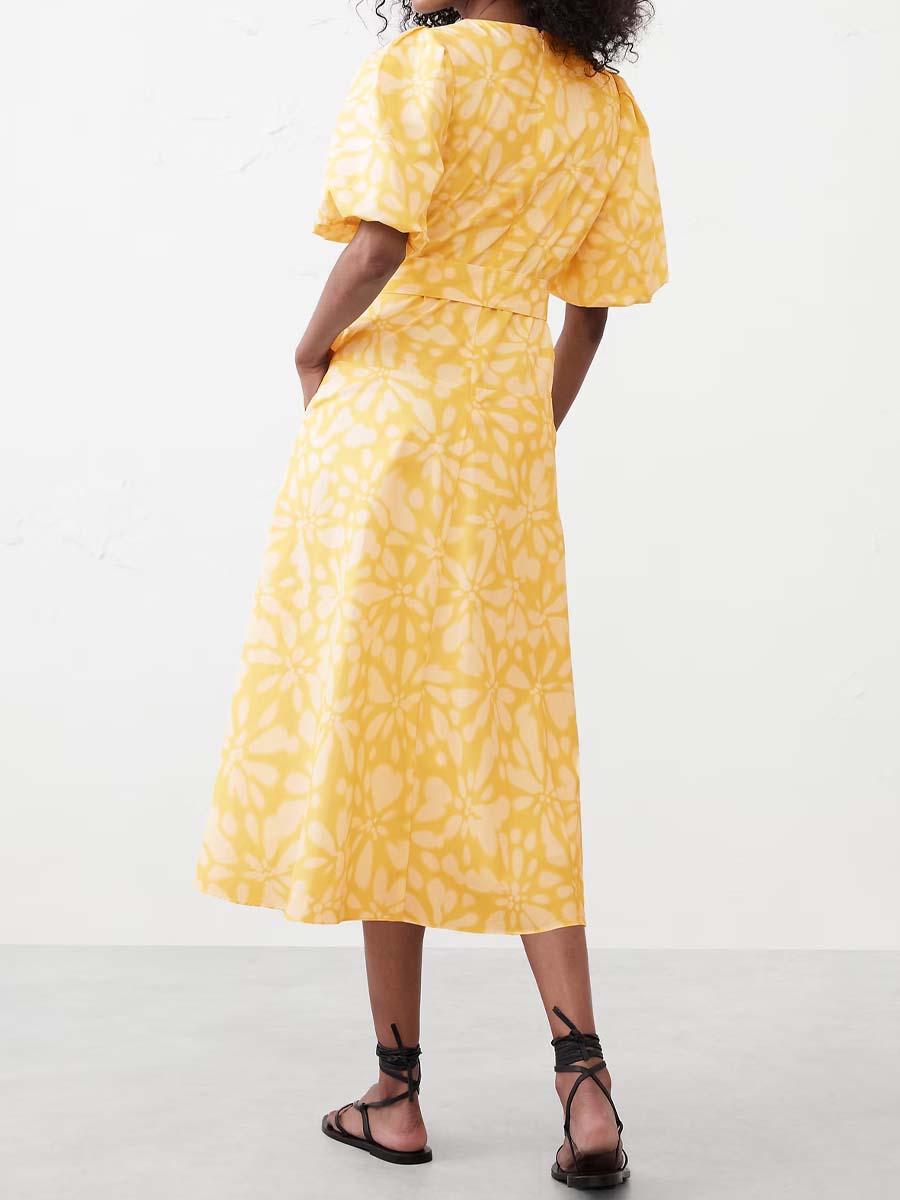 Floral Print V Neck Puff Sleeve Belted Dress