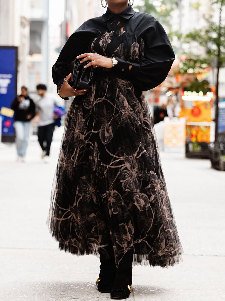 Hollowed Out Printed Patchwork Maxi Dress