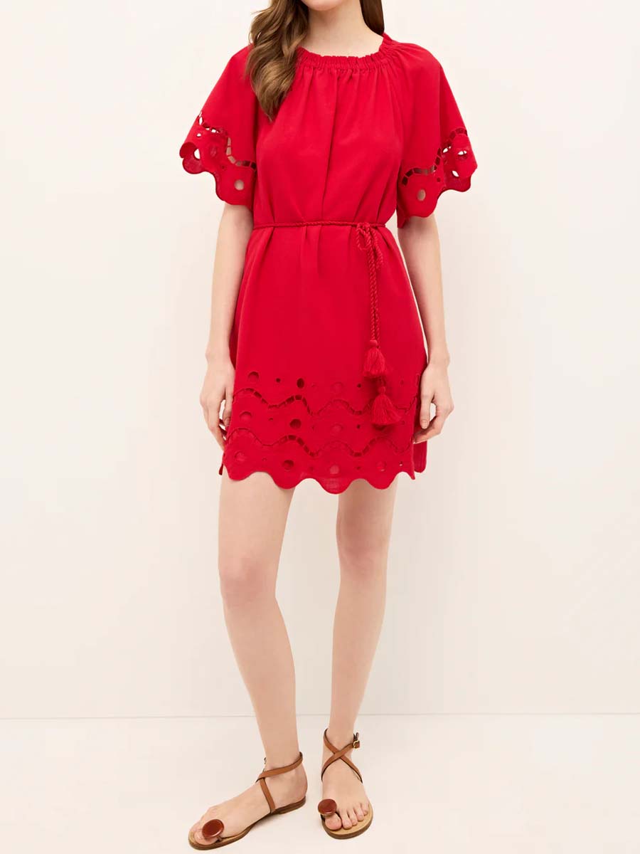 Elastic Neck Embroidered Eyelet Mini Dress