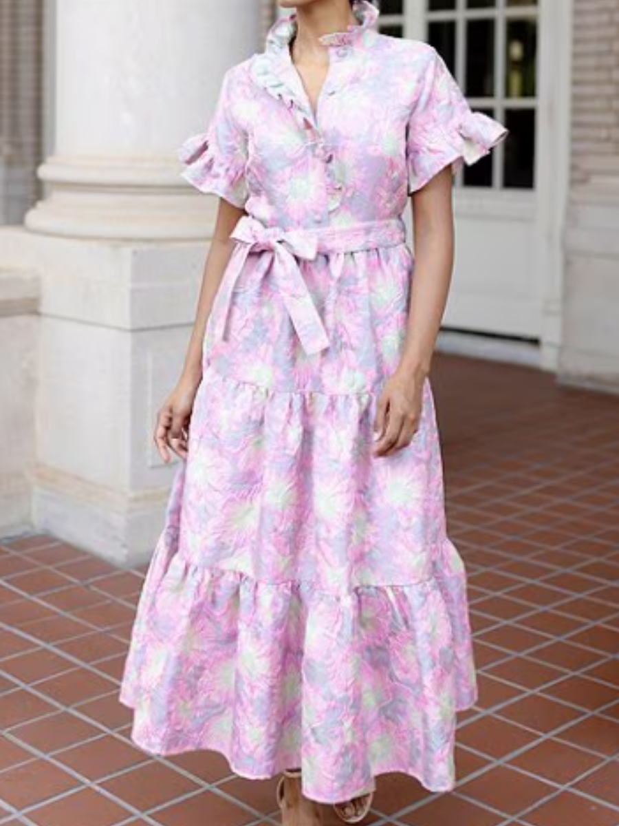 Ruffle Sleeve Jacquard Midi Dress