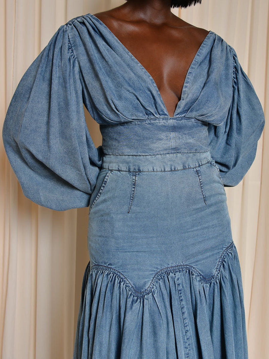 Denim Deep V Neck Backless Two Pieces Dress