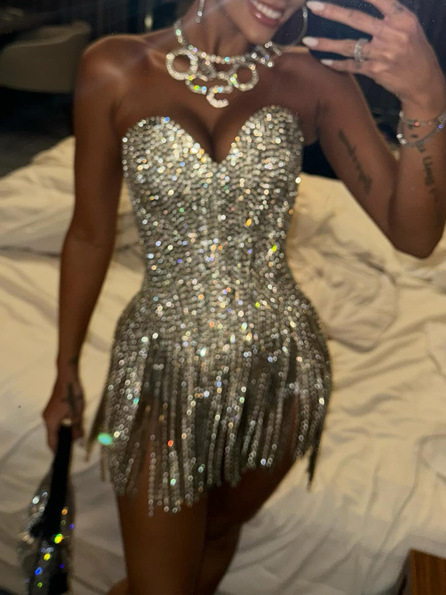 Sweetheart Neck Rhinestone Sparkle Mini Dress
