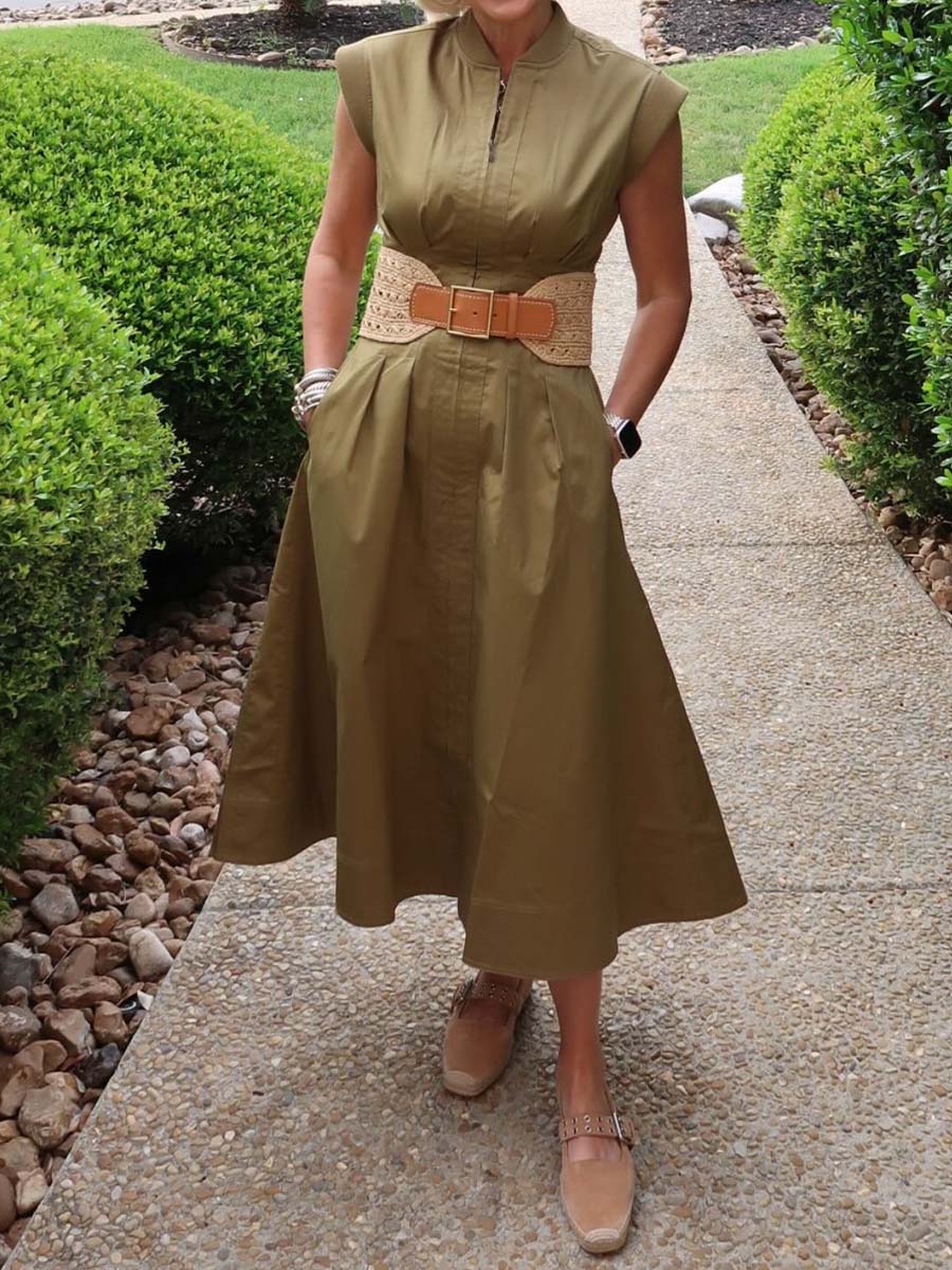 Zip Up Pleated Midi Dress