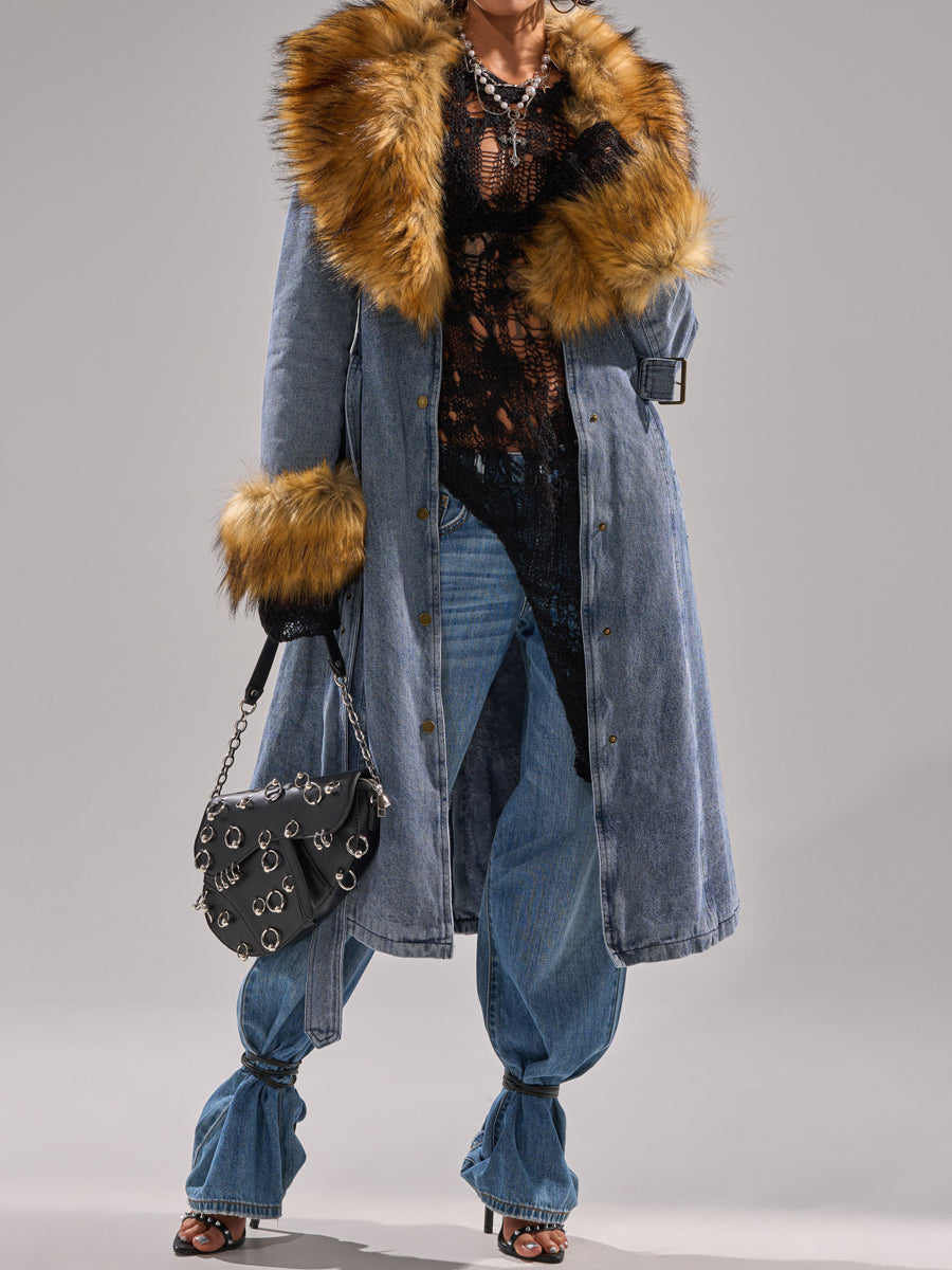 Wide Faux Fur Collar Denim Trench