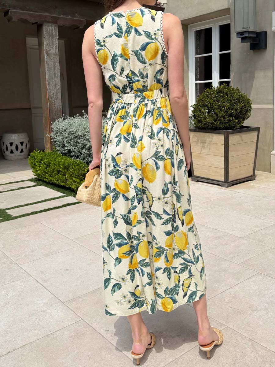 Printed V Neck Sleeveless Elastic Waist Dress