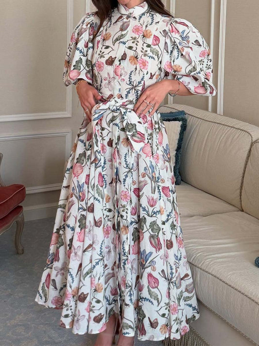 Elegant Short Sleeve Floral Printed Dress