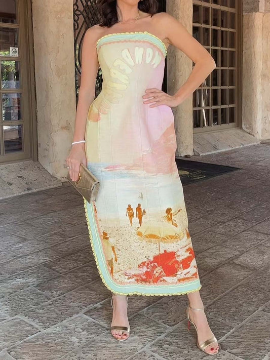 Strapless Printed Side Split Dress