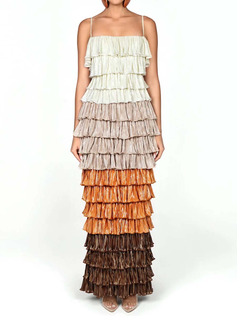 Spaghetti Straps Ruffled Trim Maxi Dress