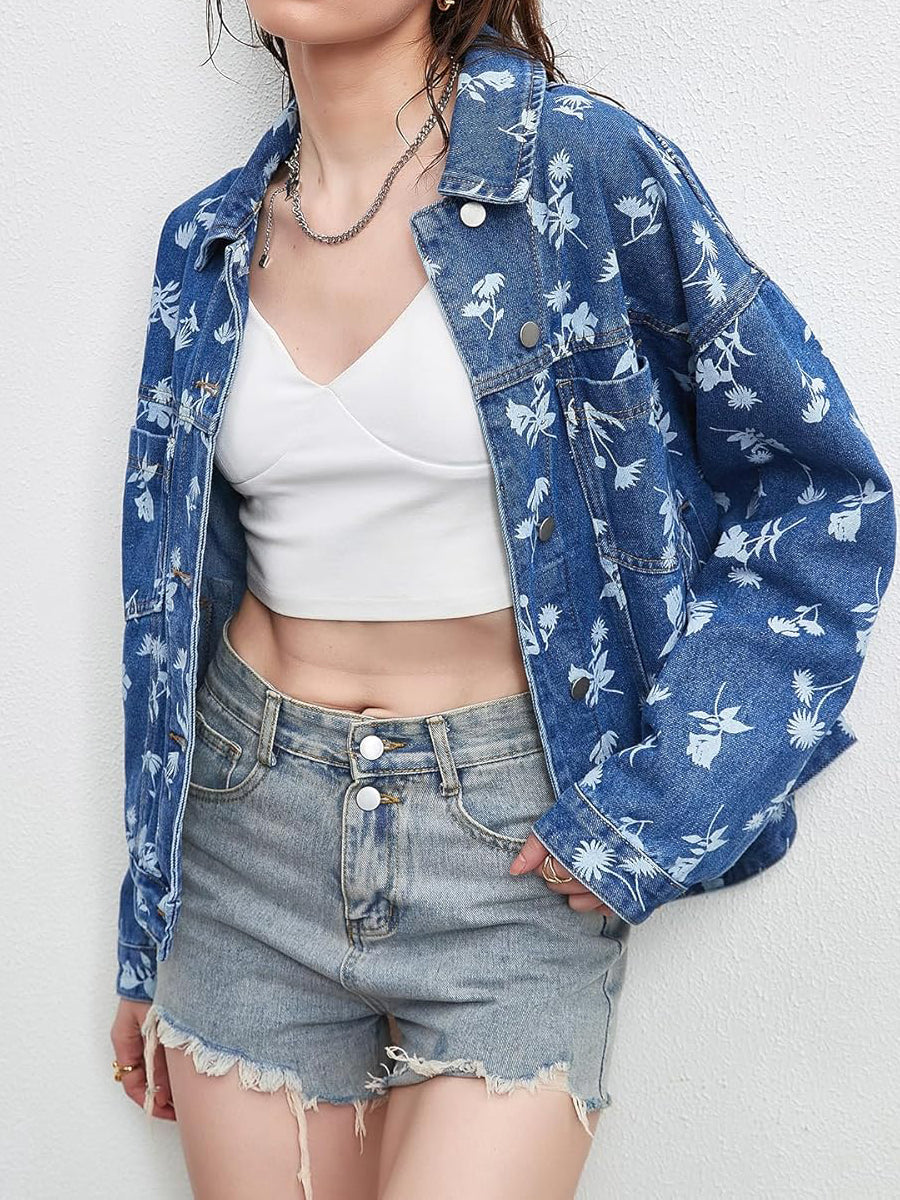 Printed Oversized Button Down Denim Jacket
