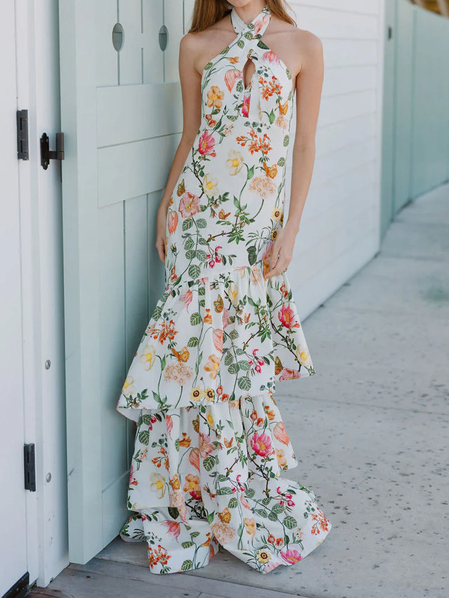 Ruffled Hem Floral Print Maxi Dress