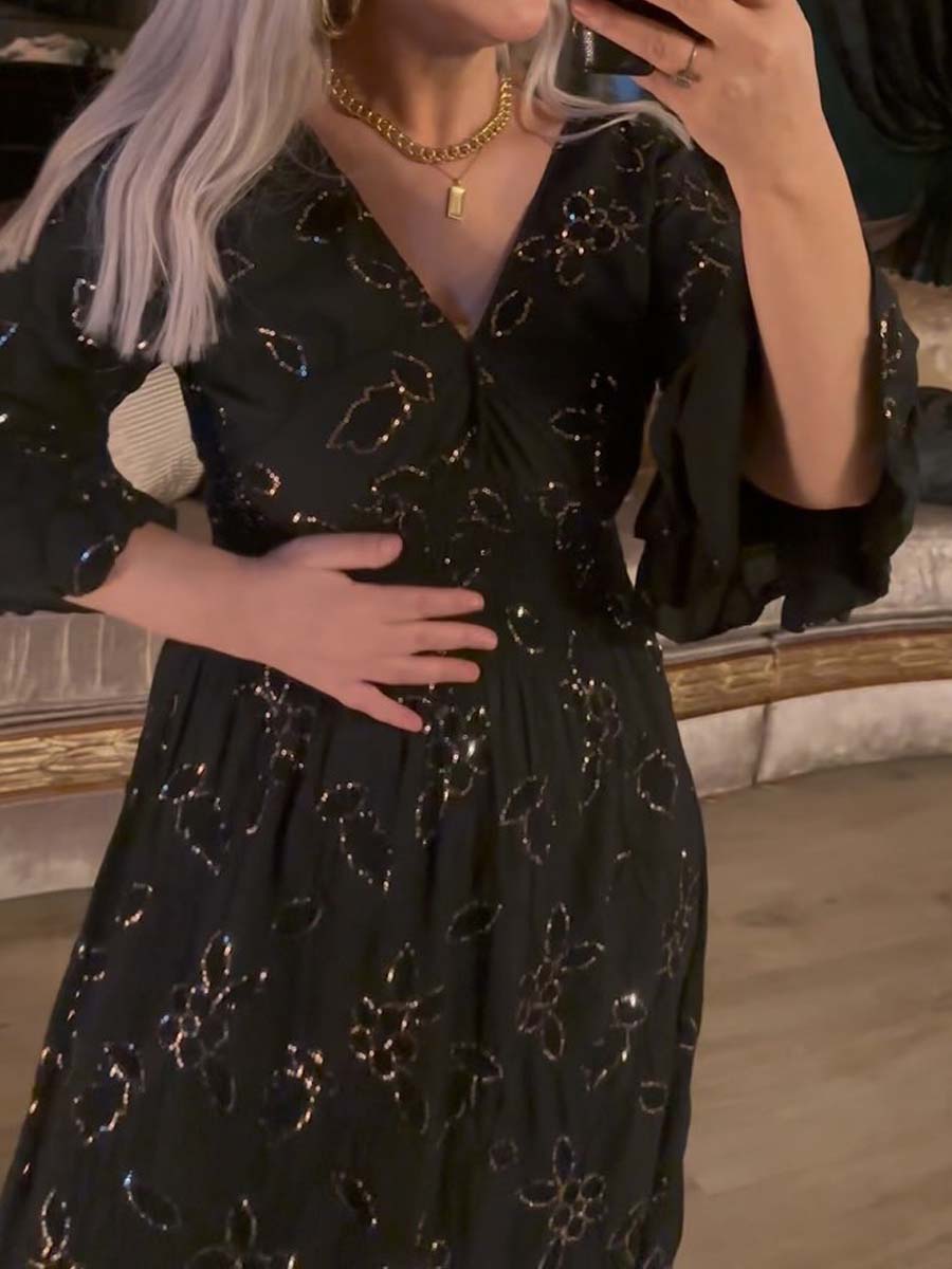 Sequined V-neck Horn Sleeve Ruffled Dress