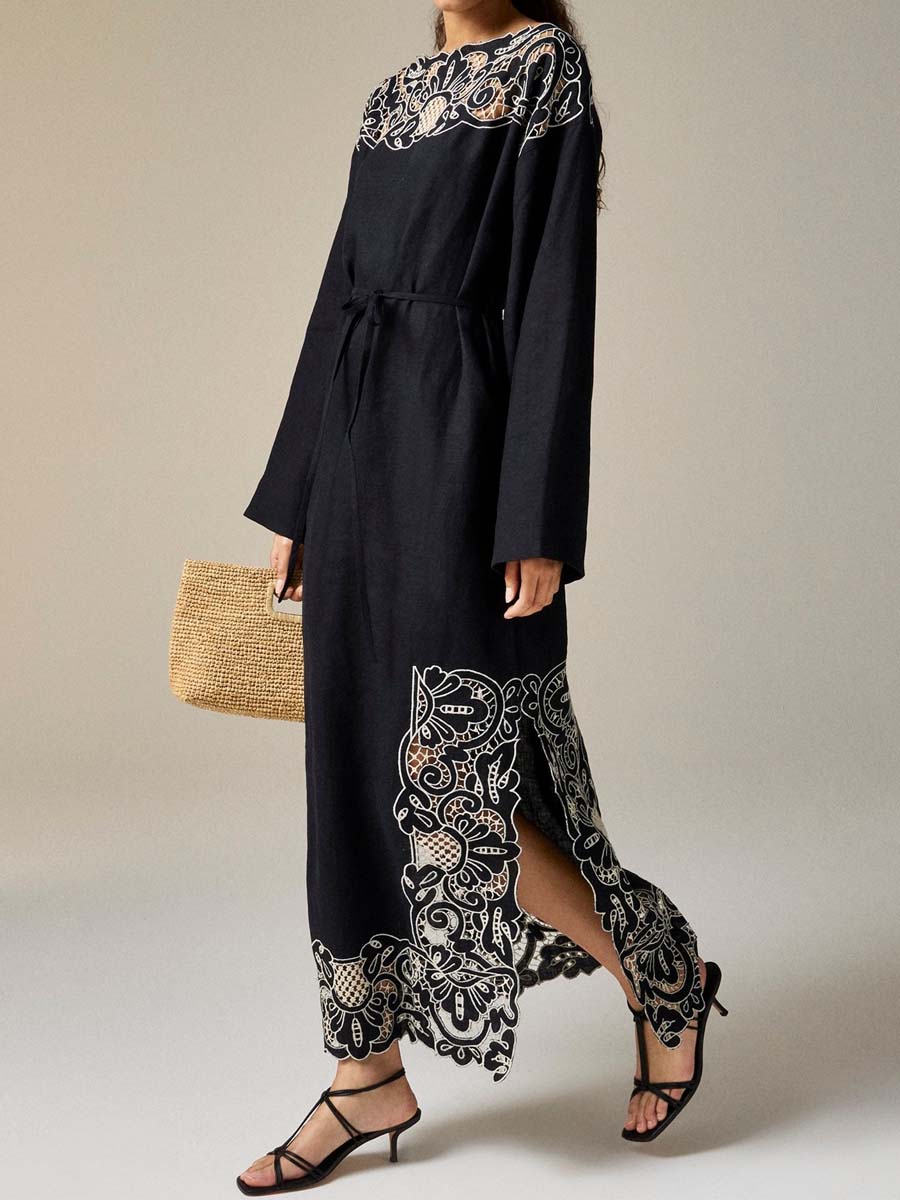 Lace Patchwork Drawstring Waist Maxi Dress