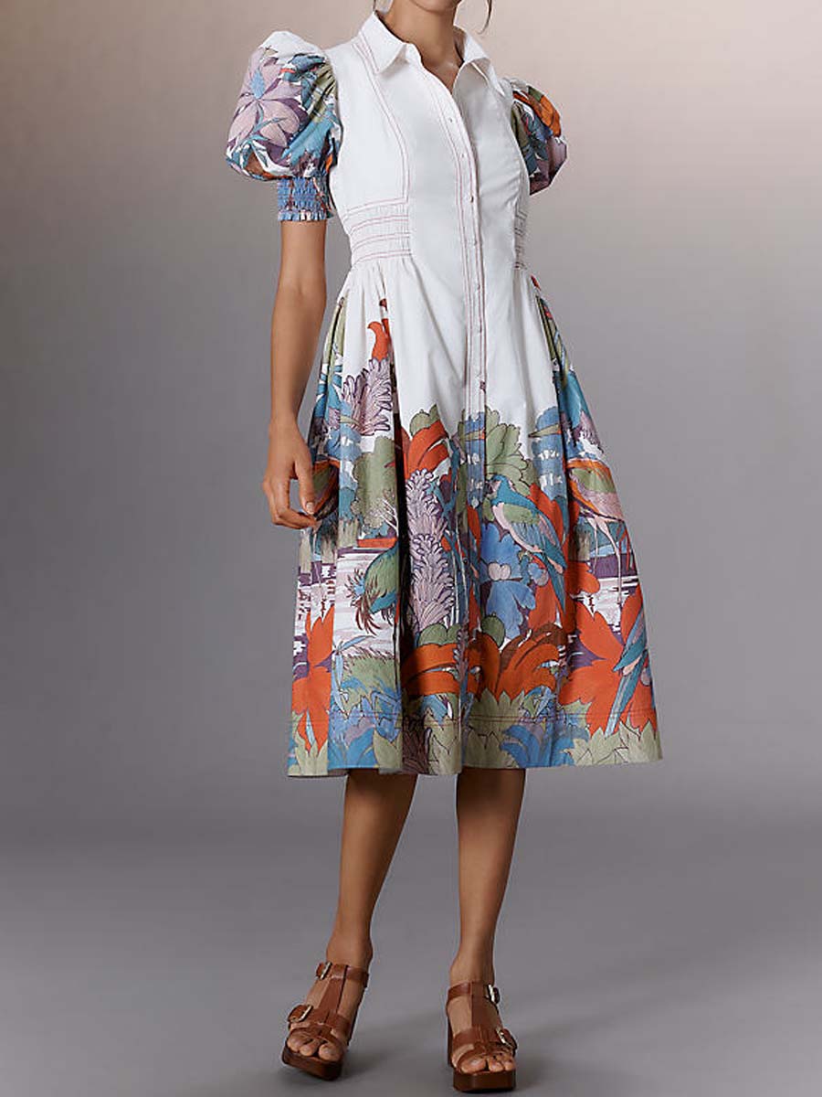 Printed Puff-sleeve Smocked Shirtdress