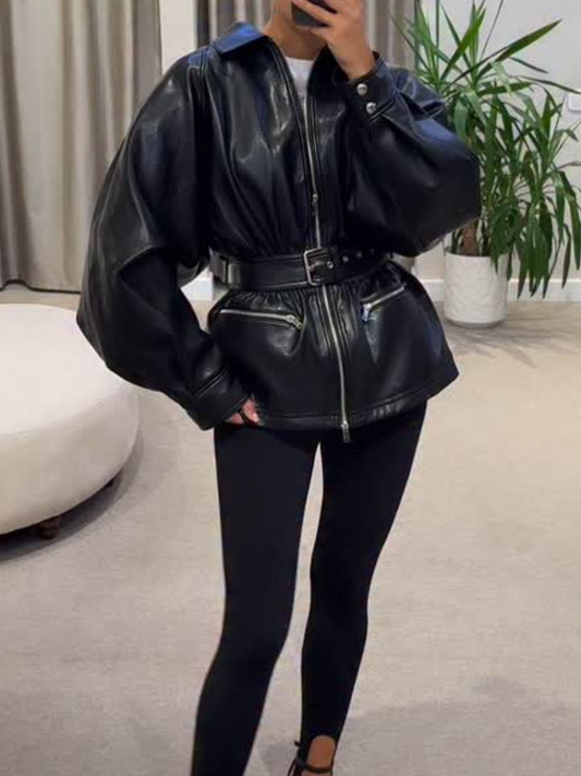Leather Tight Waist Jacket