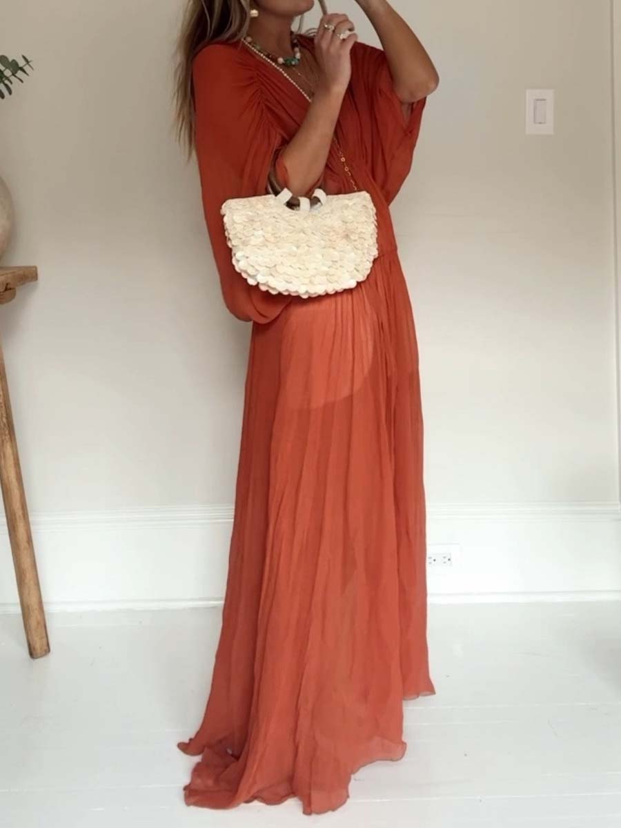 Fashion V-neck Bubble Sleeve Pleated Dress