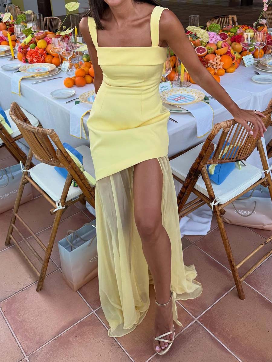 Square Collar Patchwork Chiffon Dress