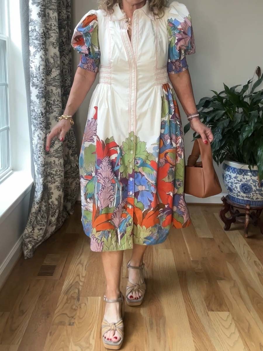 Printed Puff-sleeve Smocked Shirtdress