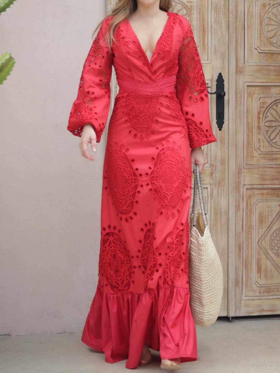 Elegant Deep V Neck Long Sleeve Dress