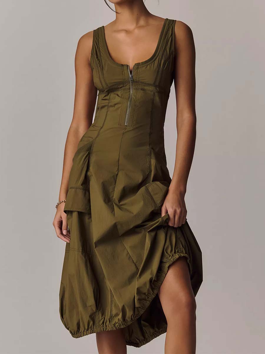 Scoop Neck Pockets Bubble-hem Midi Dress