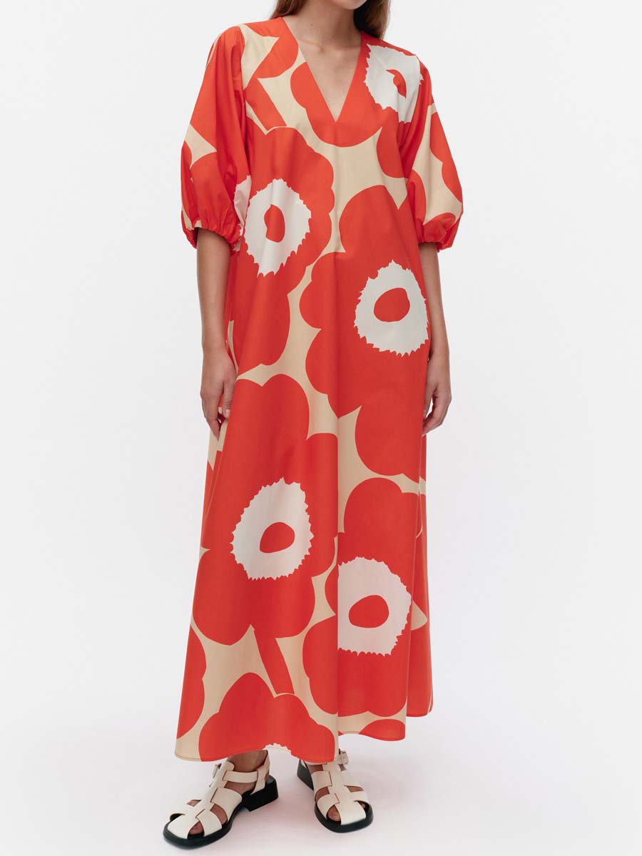 Printed V Neck Puff Sleeve Dress