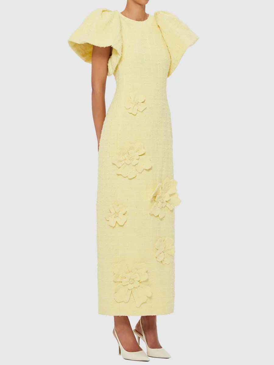 3D Flower Puff Sleeve Maxi Dress