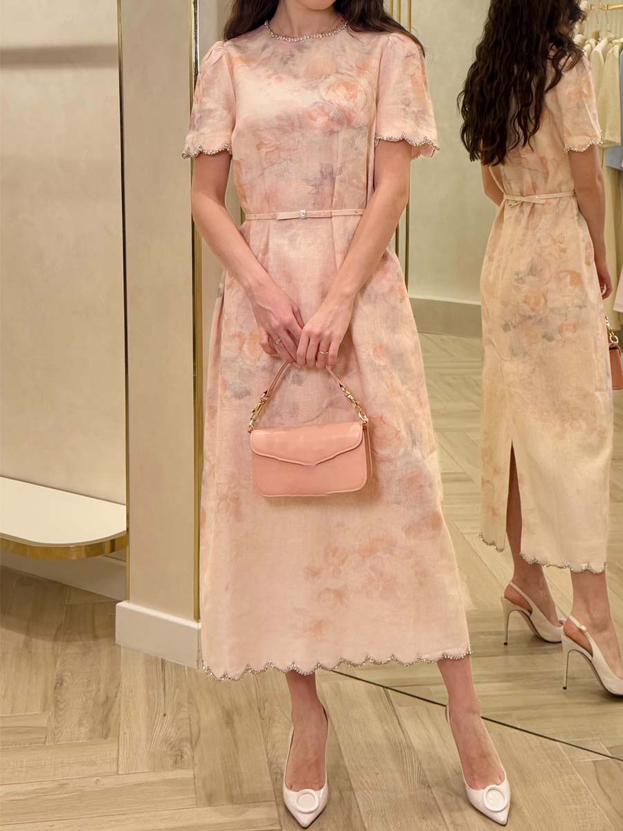 Placement Print Crystal Trims Midi Dress