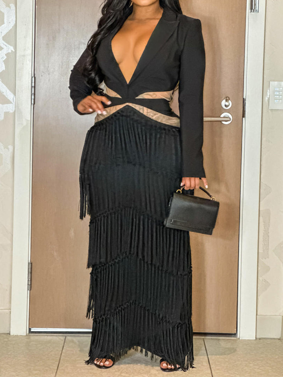 Fringed Cutout Blazer Maxi Dress