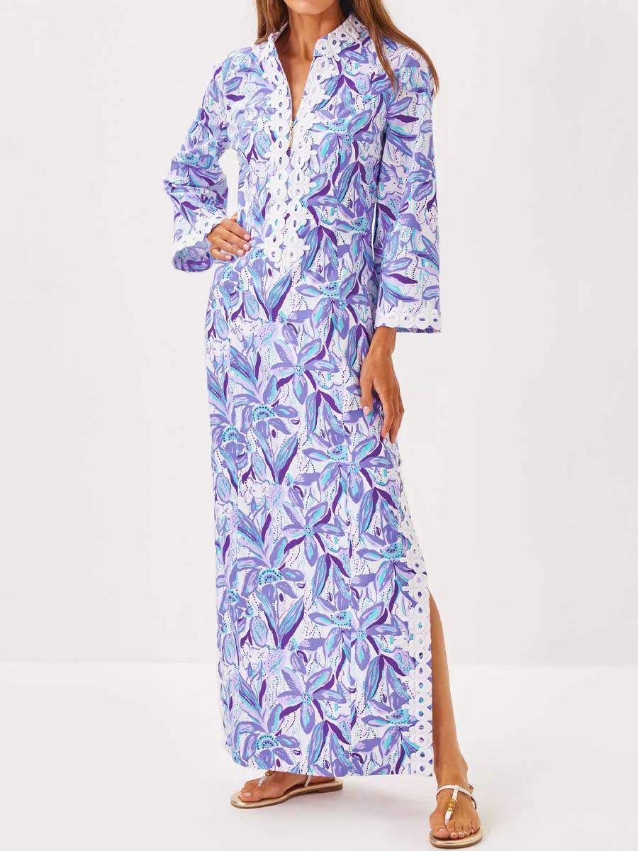 Printed Slit Hem Lace Maxi Dress