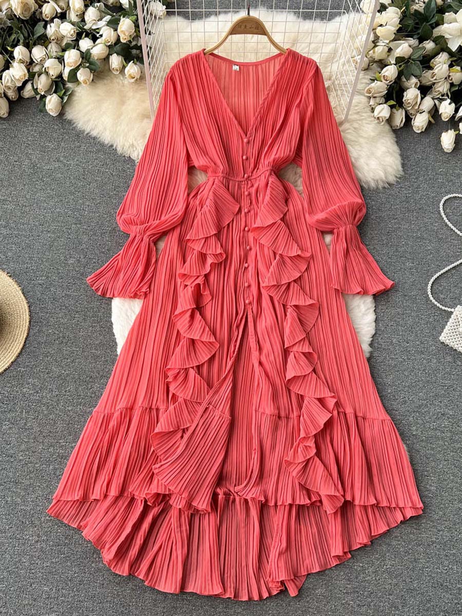 Chiffon Ruffled V-Neck Dress
