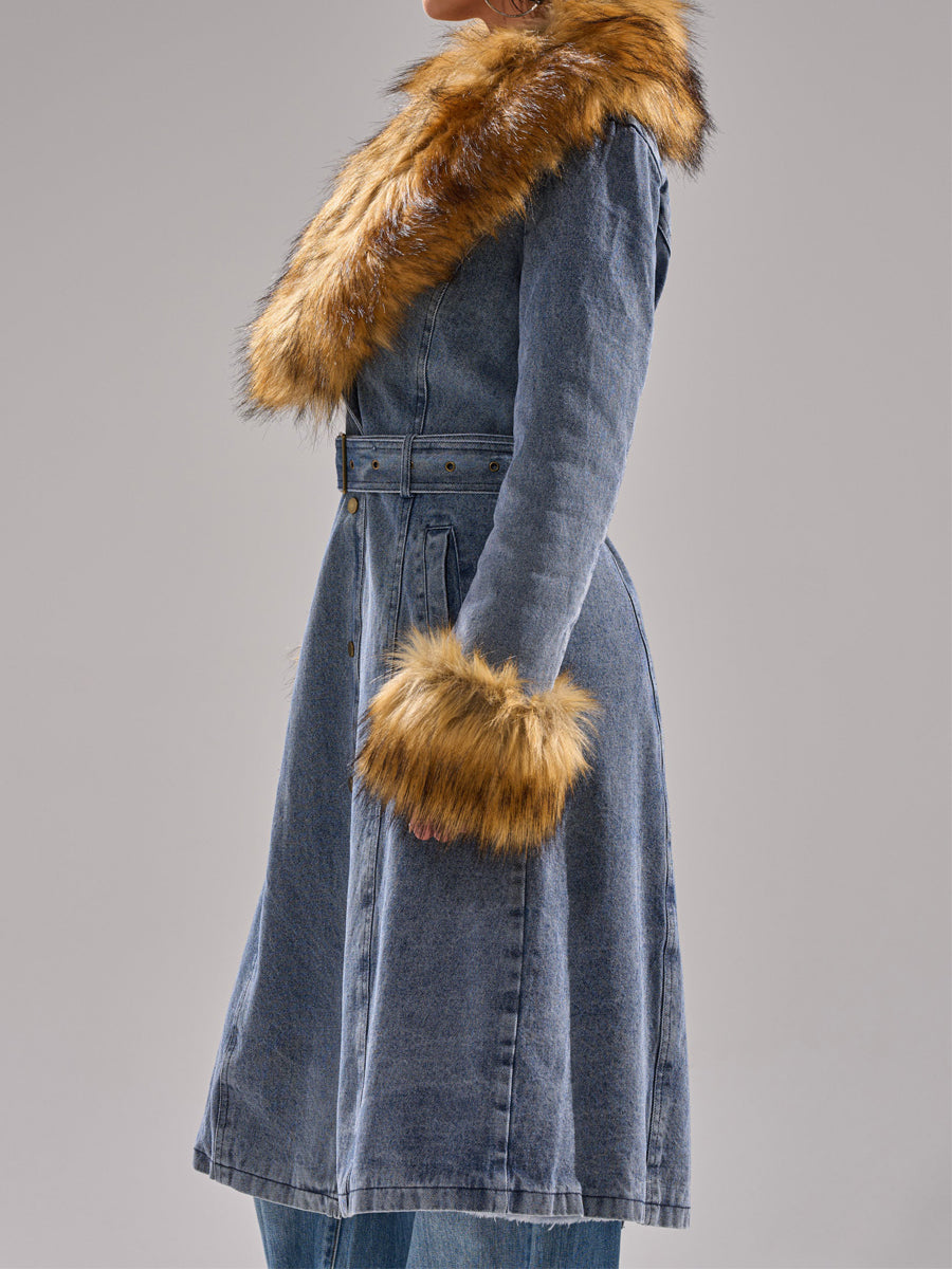 Wide Faux Fur Collar Denim Trench
