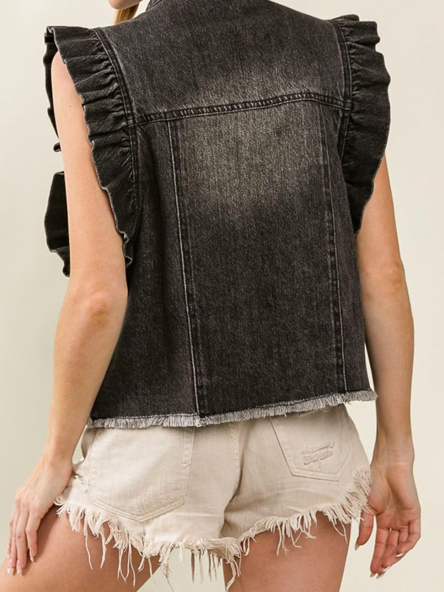 Washed Denim Single-breasted Ruffled Vest