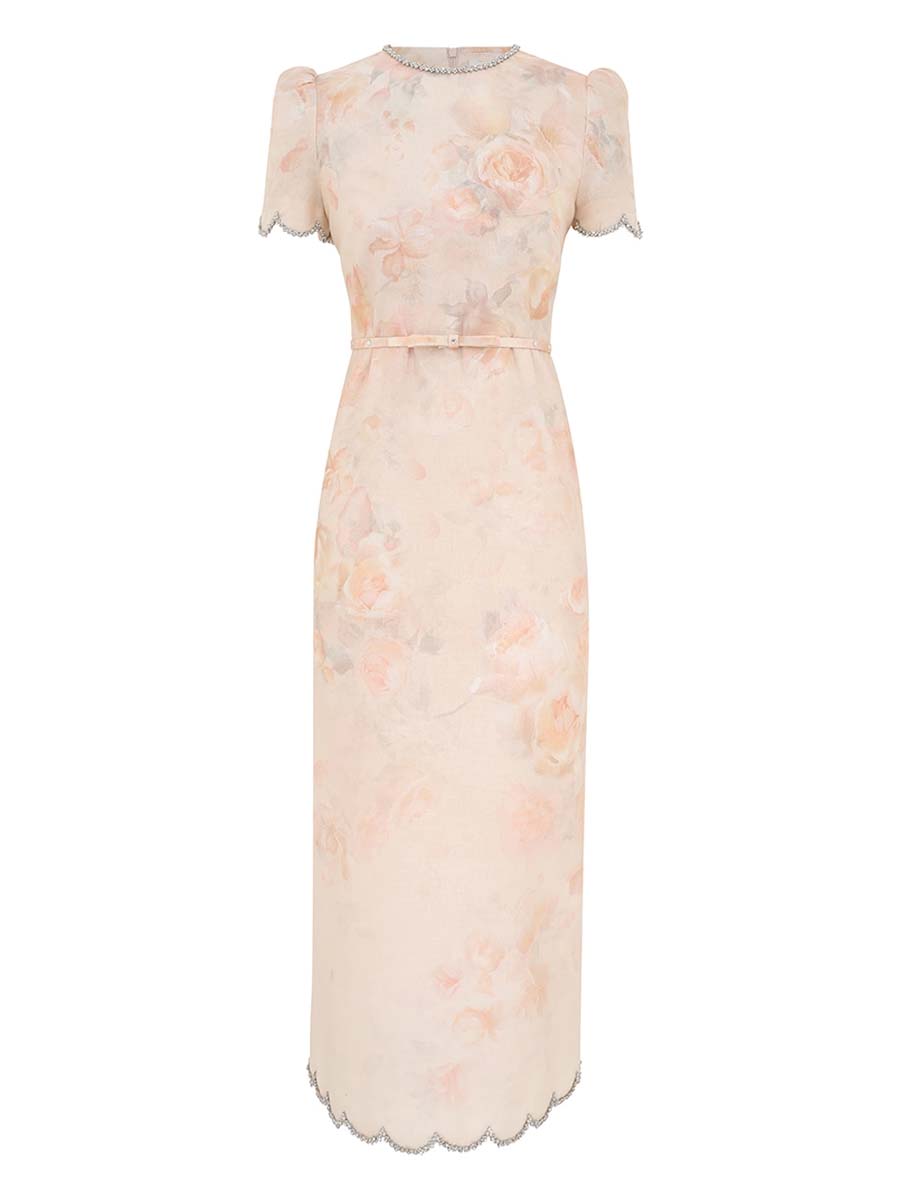 Placement Print Crystal Trims Midi Dress